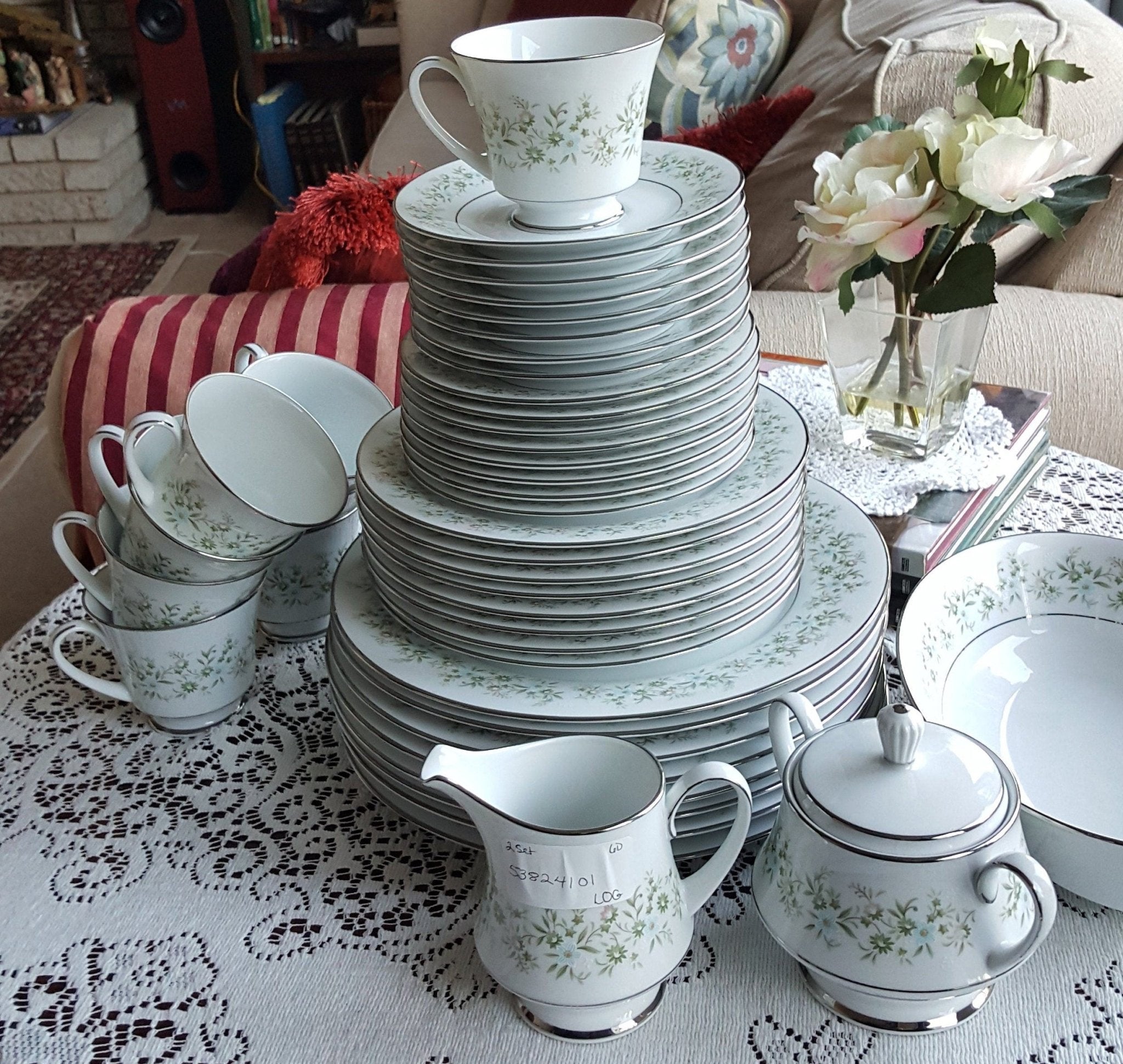 Noritake China Set for 8 Noritake Savannah Complete Dinnerware Set 45 Pieces Platinum Trim Green Foliage Light Blue pink Flowers on White - China Set ClassyTea