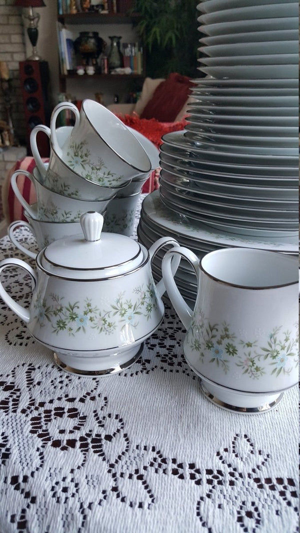 Noritake China Set for 8 Noritake Savannah Complete Dinnerware Set 45 Pieces Platinum Trim Green Foliage Light Blue pink Flowers on White - China Set ClassyTea