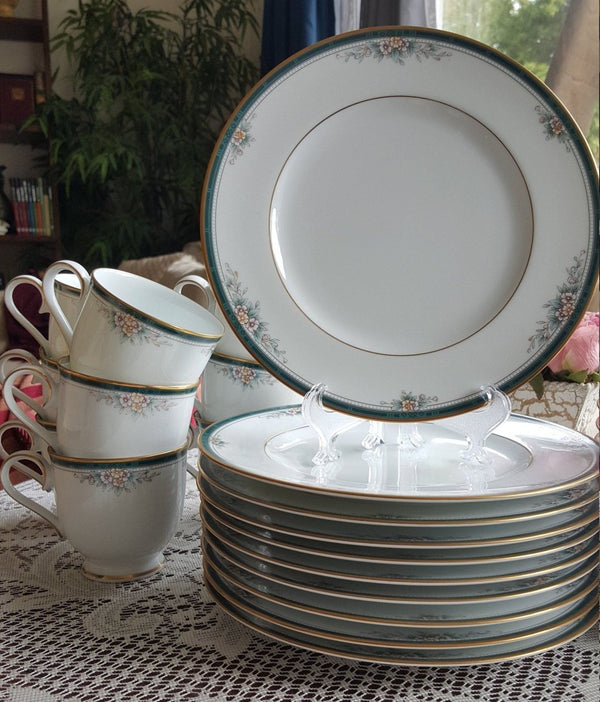 Noritake Lunch for 5 Noritake Landon 15 Piece Teacup Saucer and Salad Plates Set Teal Band Flowers Leaves Gold Trim Wedding Gift Luxury Dinnerware - China Set ClassyTea
