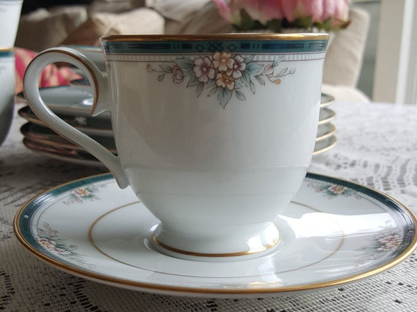 Noritake Lunch for 5 Noritake Landon 15 Piece Teacup Saucer and Salad Plates Set Teal Band Flowers Leaves Gold Trim Wedding Gift Luxury Dinnerware - China Set ClassyTea