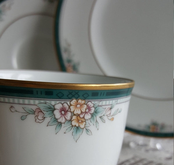 Noritake Lunch for 5 Noritake Landon 15 Piece Teacup Saucer and Salad Plates Set Teal Band Flowers Leaves Gold Trim Wedding Gift Luxury Dinnerware - China Set ClassyTea