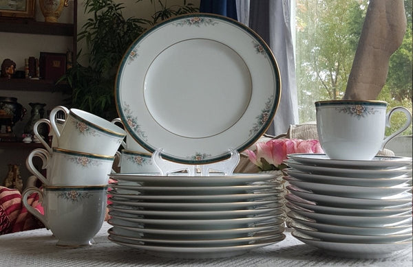 Noritake Lunch for 5 Noritake Landon 15 Piece Teacup Saucer and Salad Plates Set Teal Band Flowers Leaves Gold Trim Wedding Gift Luxury Dinnerware - China Set ClassyTea
