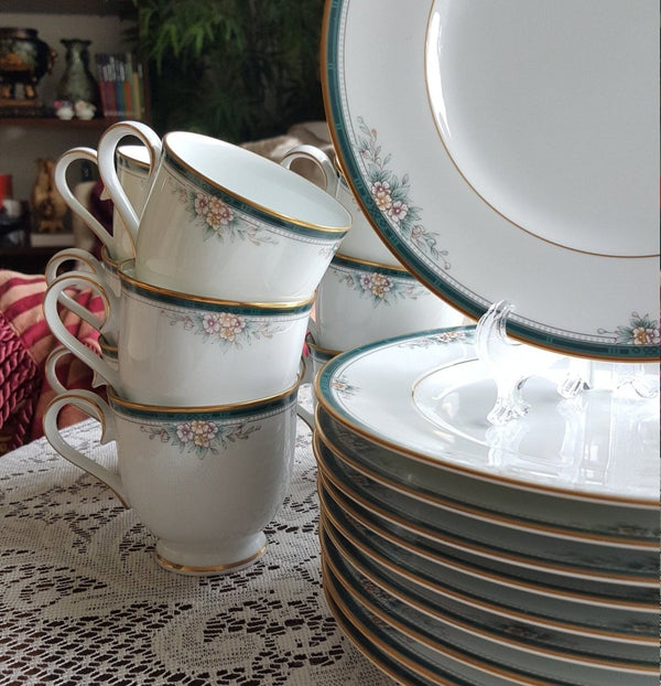 Noritake Lunch for 5 Noritake Landon 15 Piece Teacup Saucer and Salad Plates Set Teal Band Flowers Leaves Gold Trim Wedding Gift Luxury Dinnerware - China Set ClassyTea