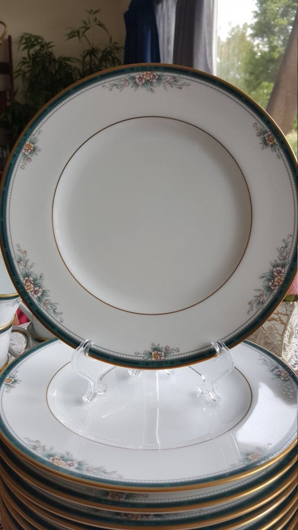 Noritake Lunch for 5 Noritake Landon 15 Piece Teacup Saucer and Salad Plates Set Teal Band Flowers Leaves Gold Trim Wedding Gift Luxury Dinnerware - China Set ClassyTea