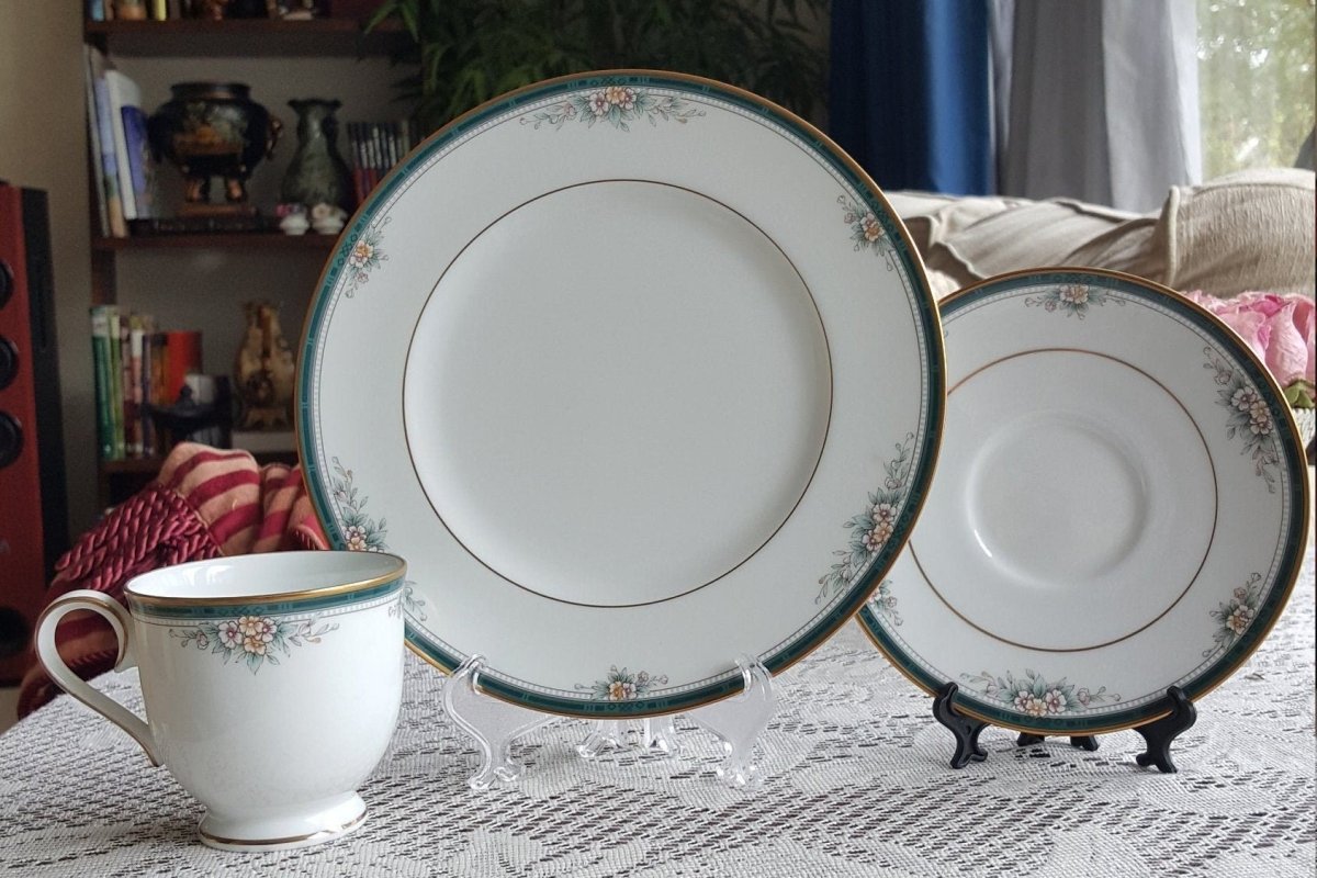 Noritake Lunch for 5 Noritake Landon 15 Piece Teacup Saucer and Salad Plates Set Teal Band Flowers Leaves Gold Trim Wedding Gift Luxury Dinnerware - China Set ClassyTea