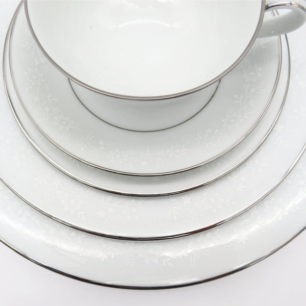 Noritake Noritake Buckingham China Set for 8 | Complete Dinnerware Set 40 Pieces White Flowers On White Body, Platinum Trim | antique china set - China Set ClassyTea