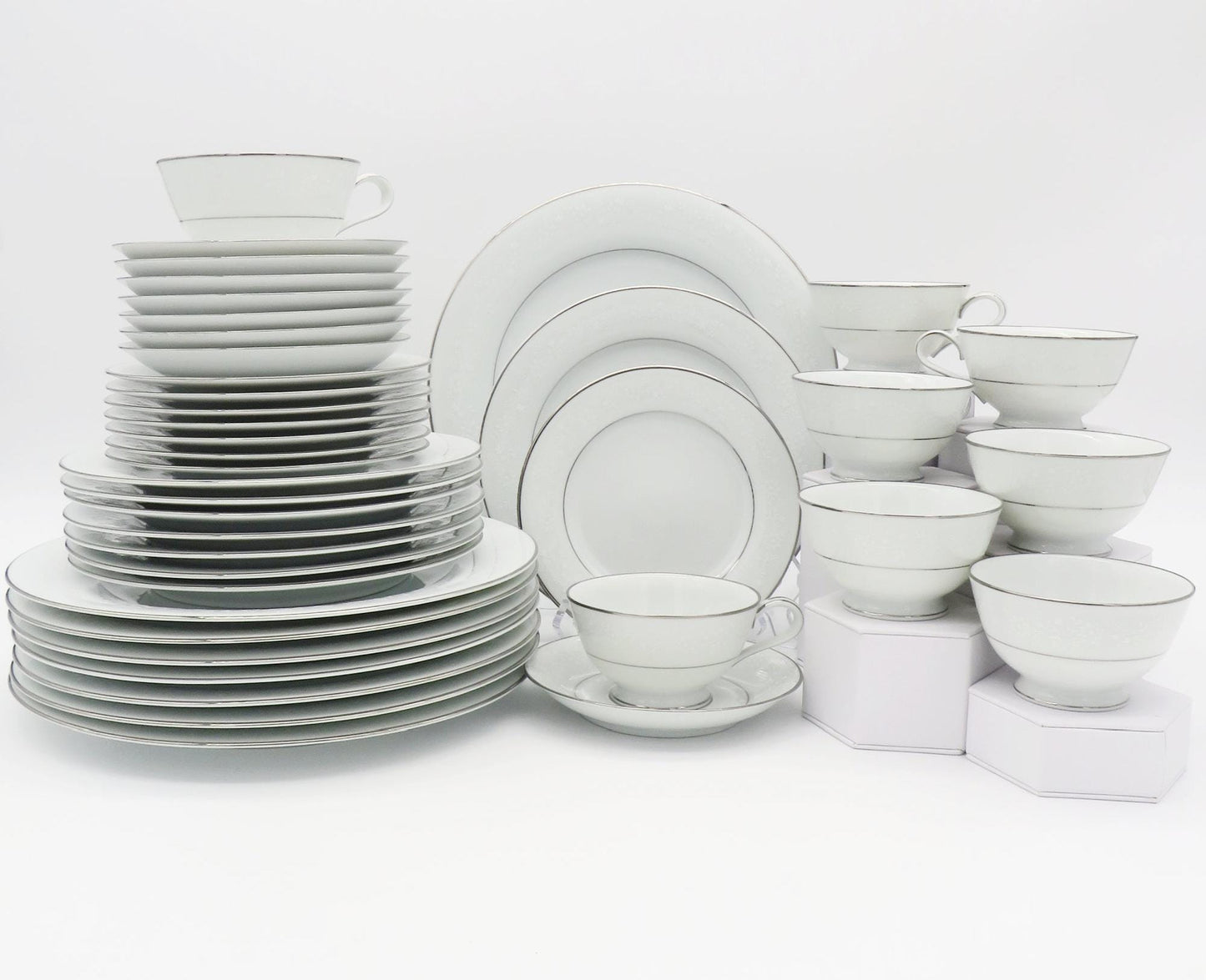 Noritake Noritake Buckingham China Set for 8 | Complete Dinnerware Set 40 Pieces White Flowers On White Body, Platinum Trim | antique china set - China Set ClassyTea