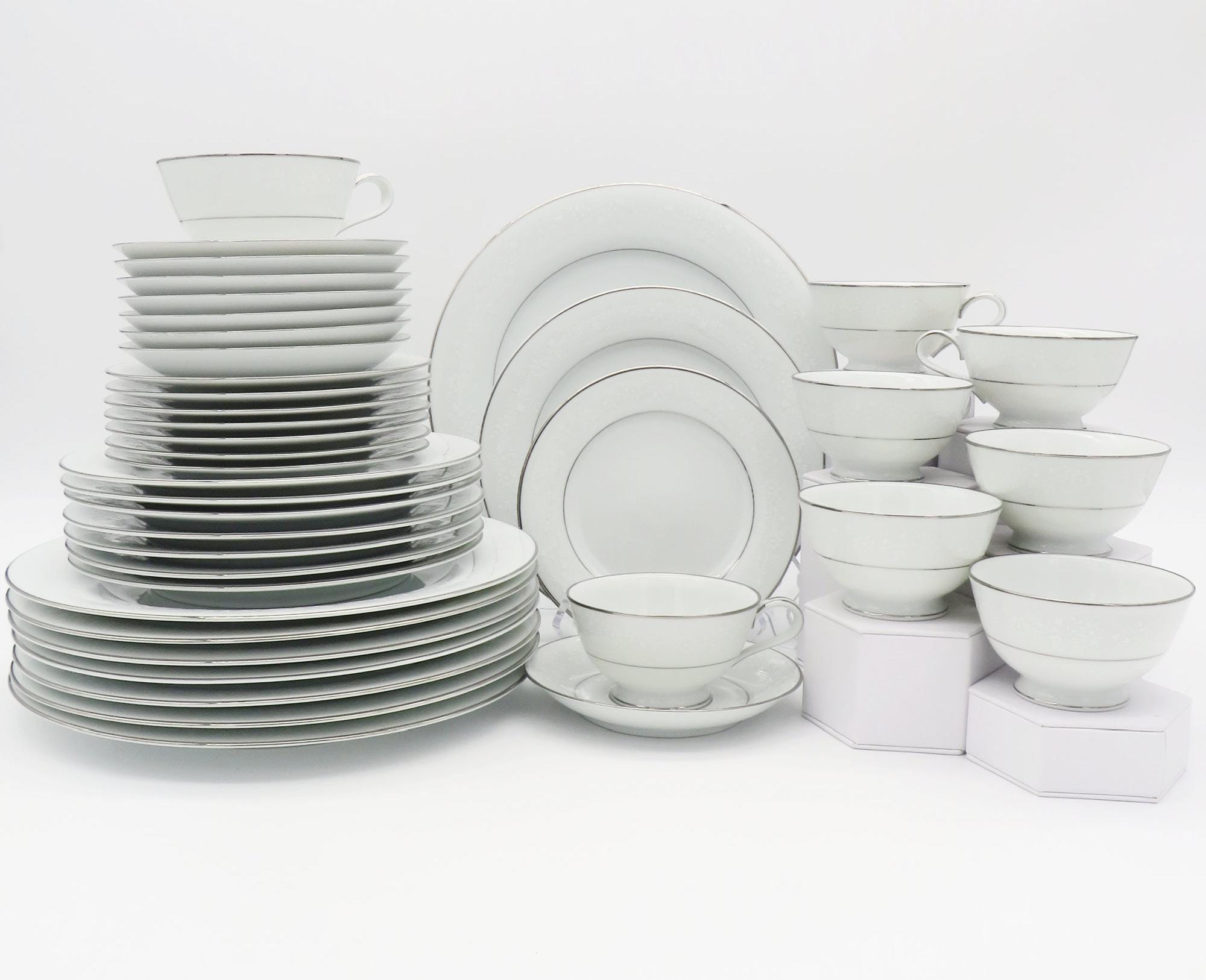 Noritake Noritake Buckingham China Set for 8 | Complete Dinnerware Set 40 Pieces White Flowers On White Body, Platinum Trim | antique china set - China Set ClassyTea