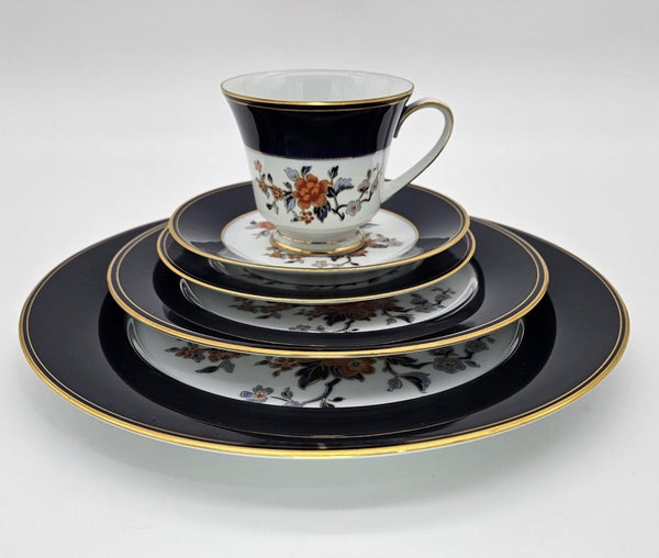 Noritake Noritake Carmine, Set of 2, Five - Piece Place Setting, Cobalt Blue Band, Floral Center, Vintage Fine China, Discontinued, Legacy, Gold Trim - China Set ClassyTea