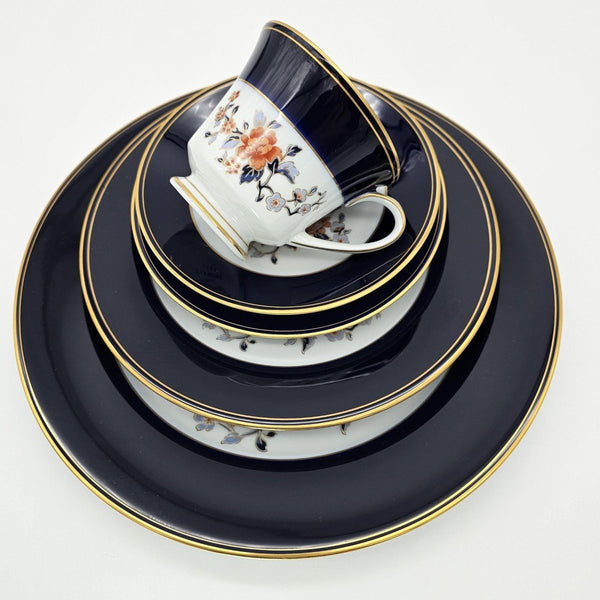 Noritake Noritake Carmine, Set of 2, Five - Piece Place Setting, Cobalt Blue Band, Floral Center, Vintage Fine China, Discontinued, Legacy, Gold Trim - China Set ClassyTea