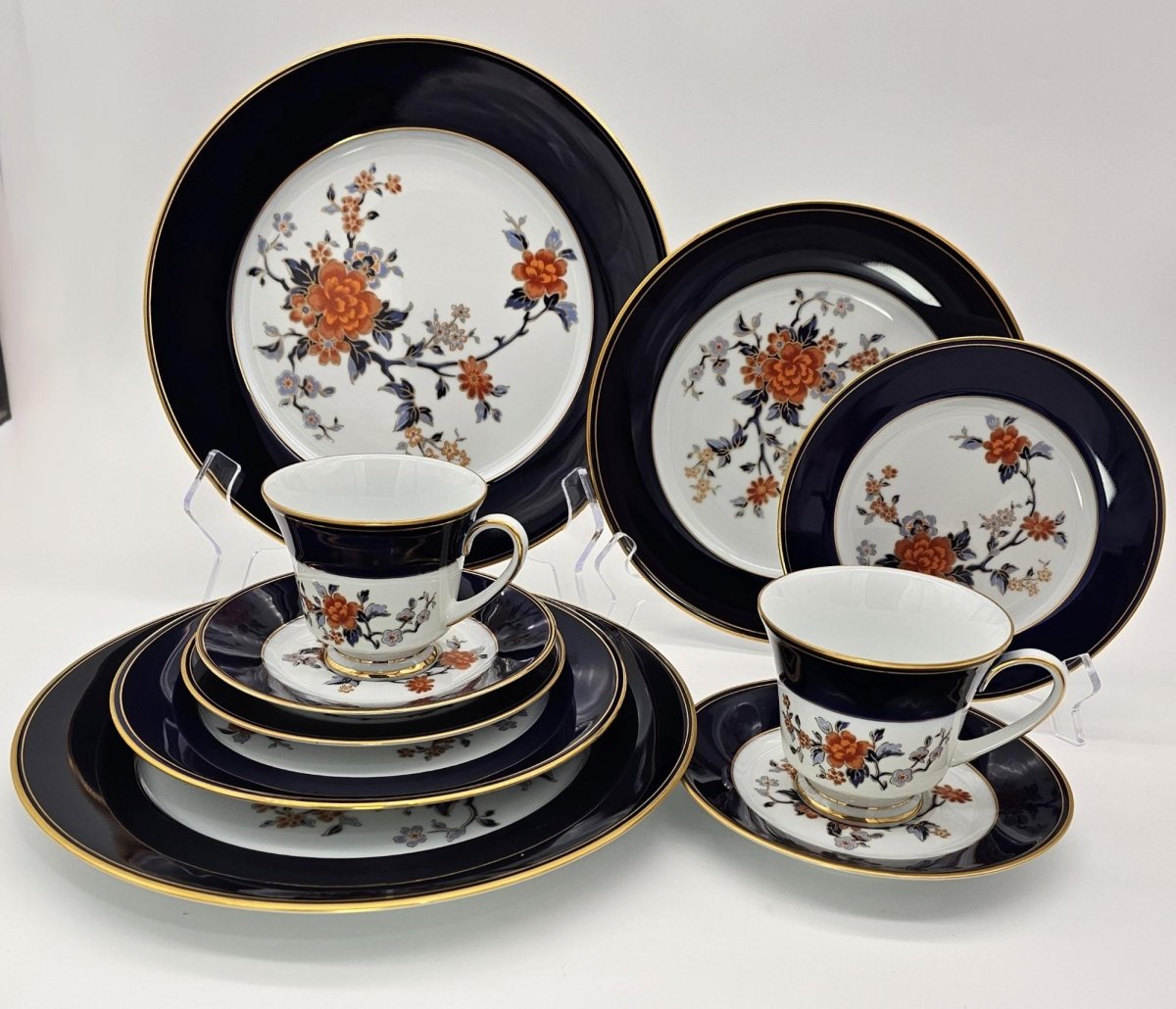 Noritake Noritake Carmine, Set of 2, Five - Piece Place Setting, Cobalt Blue Band, Floral Center, Vintage Fine China, Discontinued, Legacy, Gold Trim - China Set ClassyTea