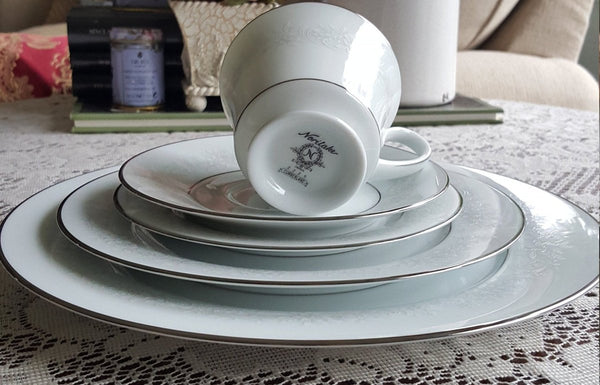 Noritake Noritake Cumberland China Set for 4, 20 Piece China Set White Flowers On White Platinum Trim Japanese Dinnerware, Vintage China 1960s - China Set ClassyTea