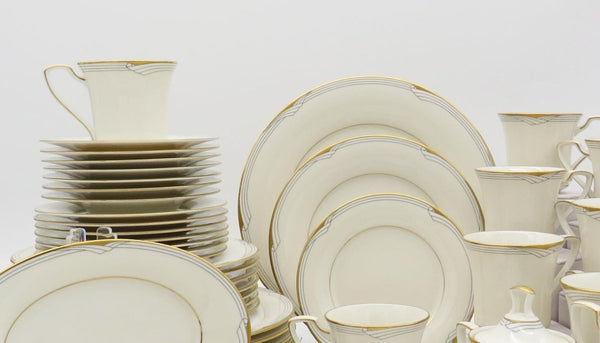 Noritake Noritake Golden Cove 40 - Piece Dinnerware Set: White & Gray Geometric Art with Gold Trim for 8 | Wedding Registry | Mid - Century Modern China - China Set ClassyTea