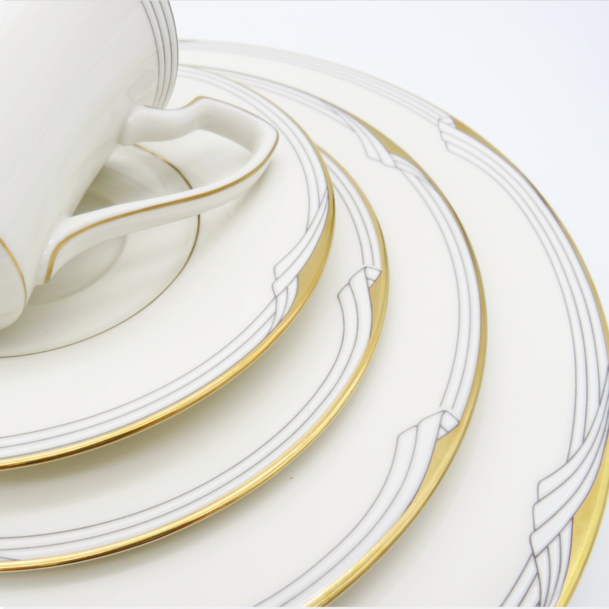 Noritake Noritake Golden Cove 40 - Piece Dinnerware Set: White & Gray Geometric Art with Gold Trim for 8 | Wedding Registry | Mid - Century Modern China - China Set ClassyTea