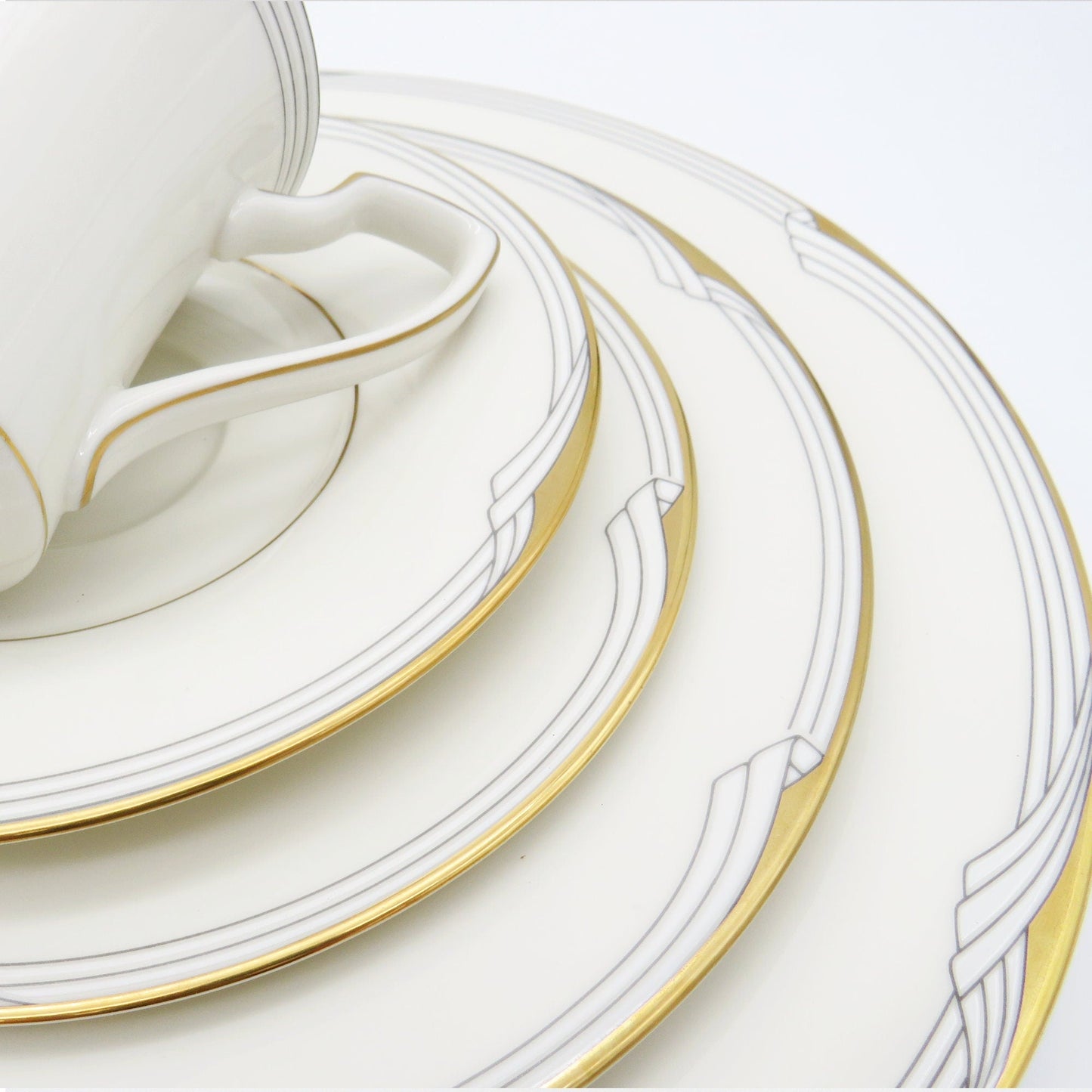 Noritake Noritake Golden Cove China Set for 8 | 45 Pieces Complete Dinnerware Set White Light gray Geometric Art Gold Trim Wedding Registry - China Set ClassyTea