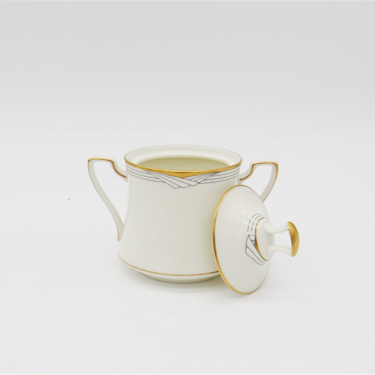 Noritake Noritake Golden Cove China Set for 8 | 45 Pieces Complete Dinnerware Set White Light gray Geometric Art Gold Trim Wedding Registry - China Set ClassyTea