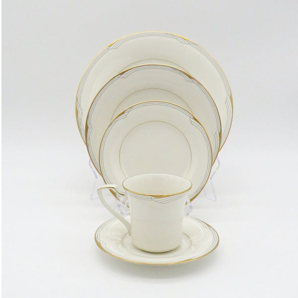 Noritake Noritake Golden Cove China Set for 8 | 45 Pieces Complete Dinnerware Set White Light gray Geometric Art Gold Trim Wedding Registry - China Set ClassyTea