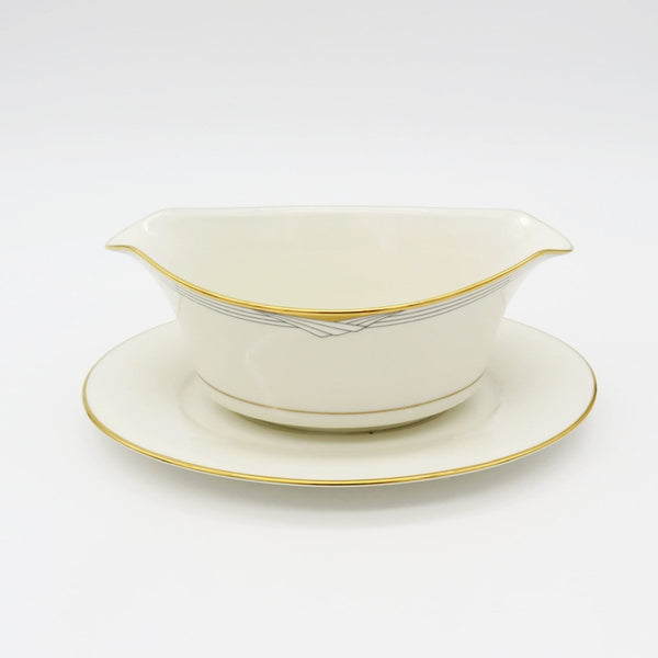 Noritake Noritake Golden Cove China Set for 8 | 45 Pieces Complete Dinnerware Set White Light gray Geometric Art Gold Trim Wedding Registry - China Set ClassyTea