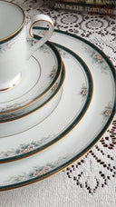 Noritake Noritake Landon 25 - Piece Fine China Dinnerware Set: Pink Flowers, Teal Band, Gold Trim - Wedding Registry Gift | Anniversary | Mid Century - China Set ClassyTea