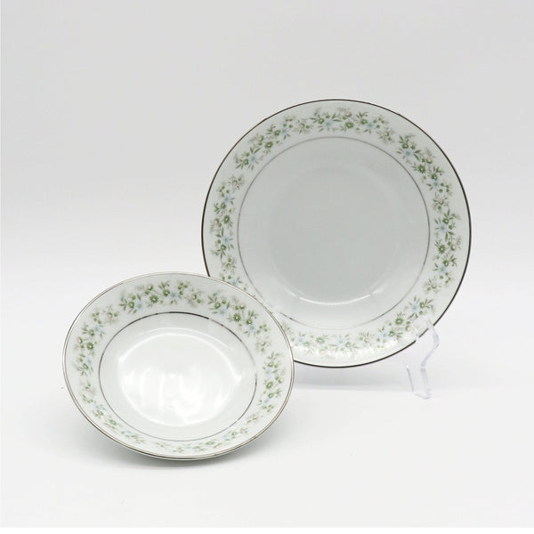 Noritake Noritake Savannah | China Set for 2 | 14 Dinnerware Pieces | Platinum Trim Green Foliage Light Blue pink Flowers on White - China Set ClassyTea