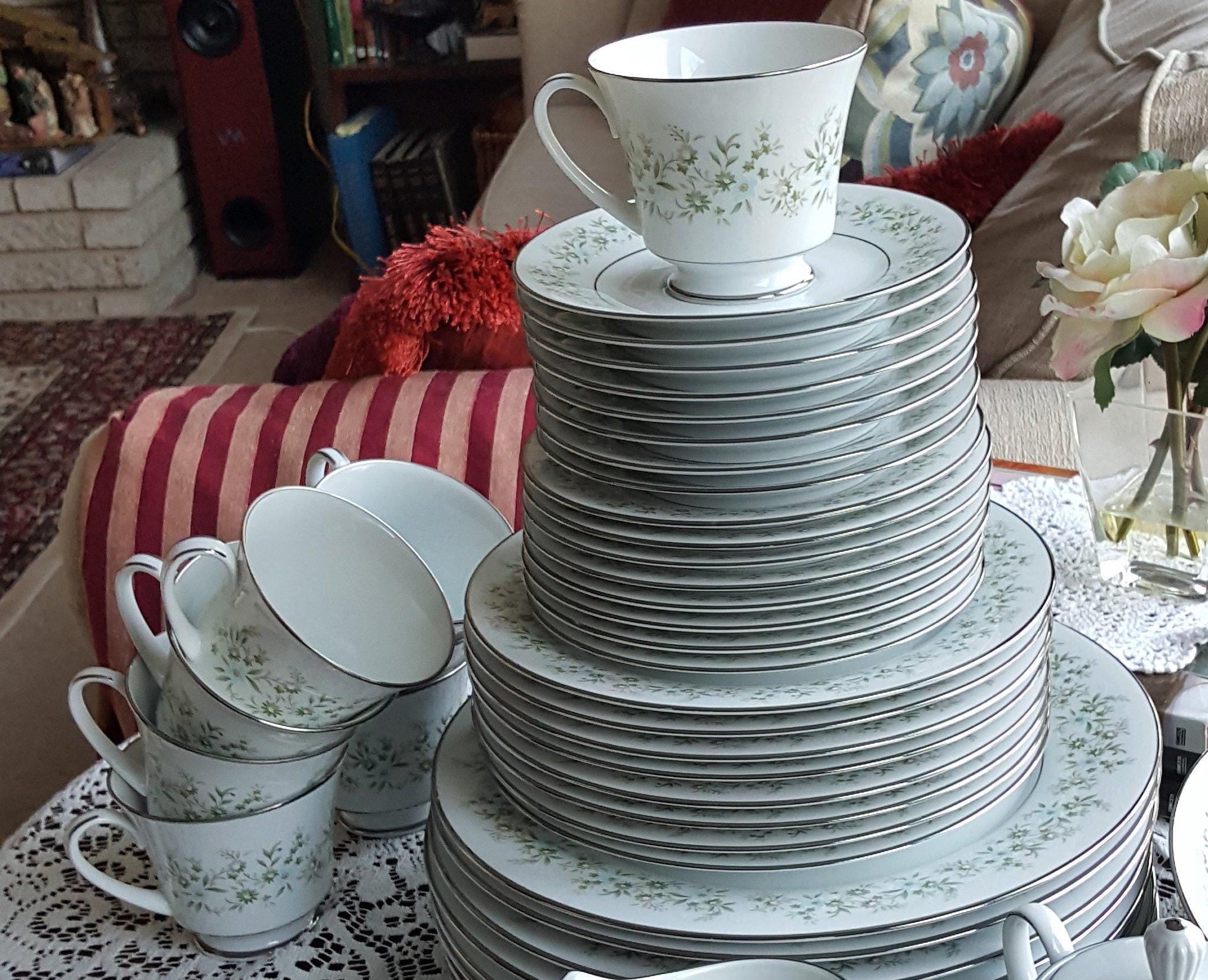 Noritake Noritake Savannah | China Set for 8 | 40 Dinnerware Platinum Trim Green Foliage Light Blue pink Flowers on White Thanksgiving - China Set ClassyTea