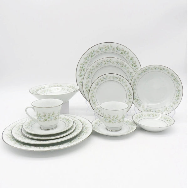 Noritake Noritake Savannah | China Set for 8 | 40 Dinnerware Platinum Trim Green Foliage Light Blue pink Flowers on White Thanksgiving - China Set ClassyTea