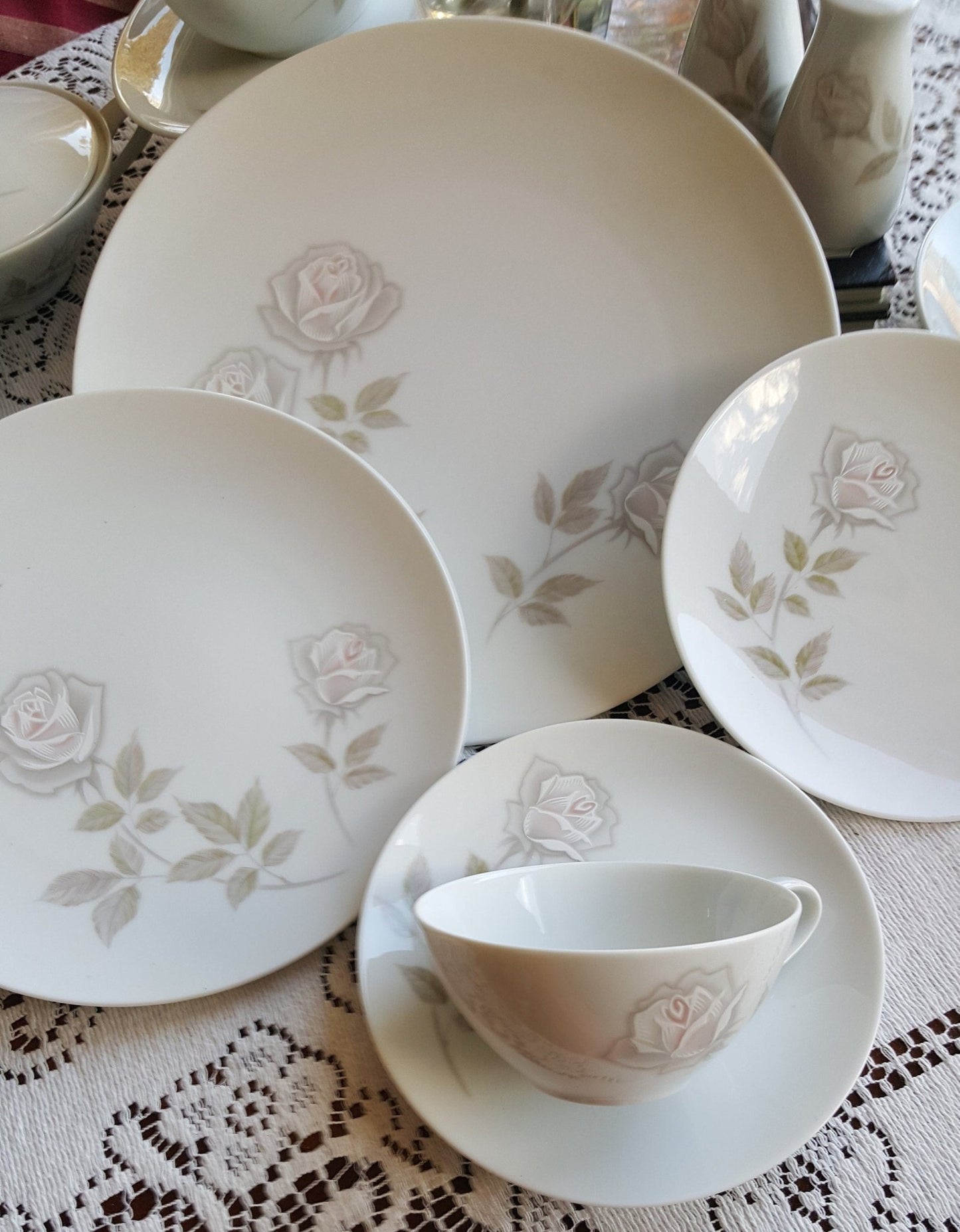 Noritake Service for 10 Noritake Edenrose 78 piece with Hostess Serving Dishes | Estate China Set Dinnerware Set Gray/Pink/White Roses Wedding Gift - China Set ClassyTea