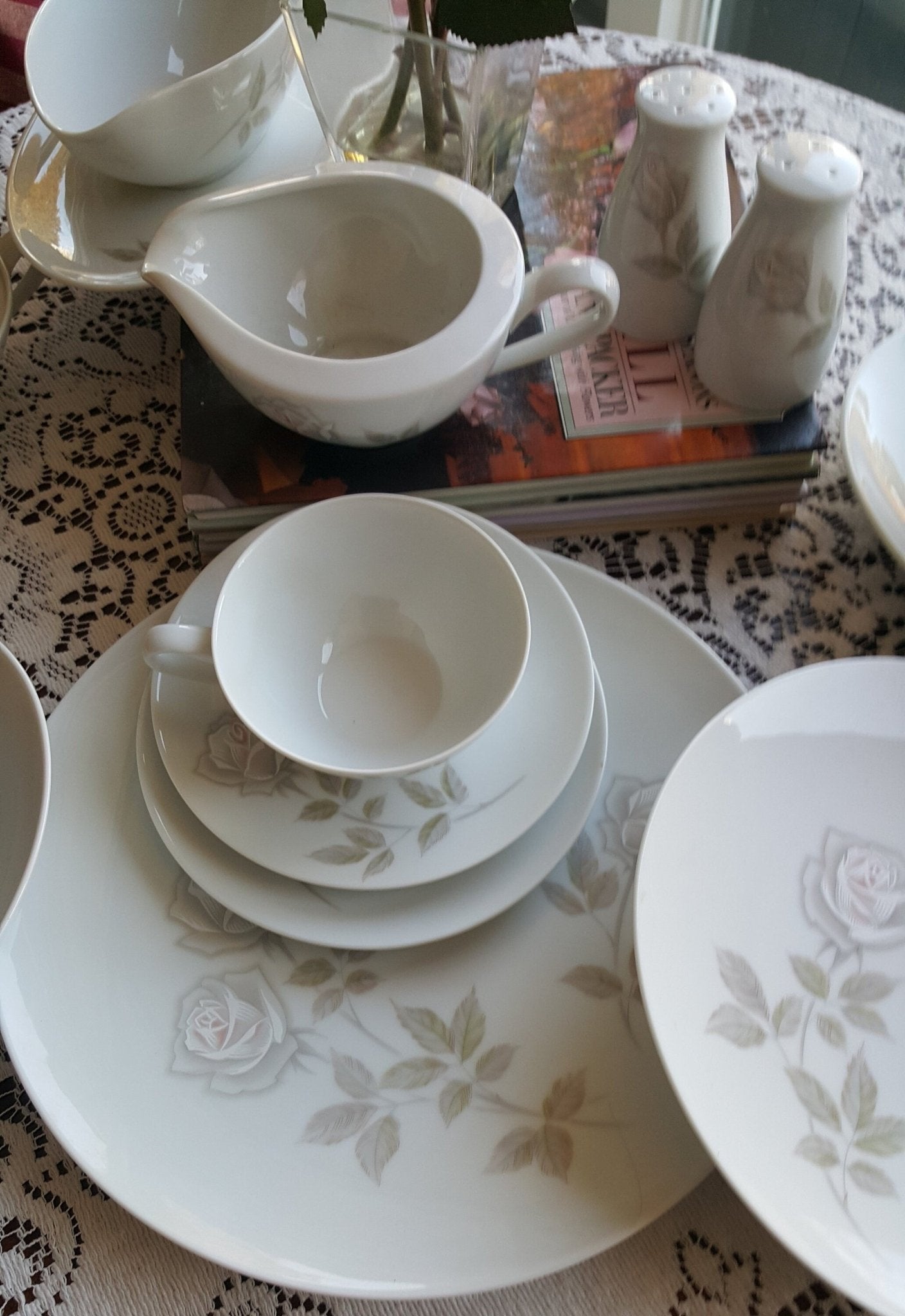 Noritake Service for 10 Noritake Edenrose 78 piece with Hostess Serving Dishes | Estate China Set Dinnerware Set Gray/Pink/White Roses Wedding Gift - China Set ClassyTea