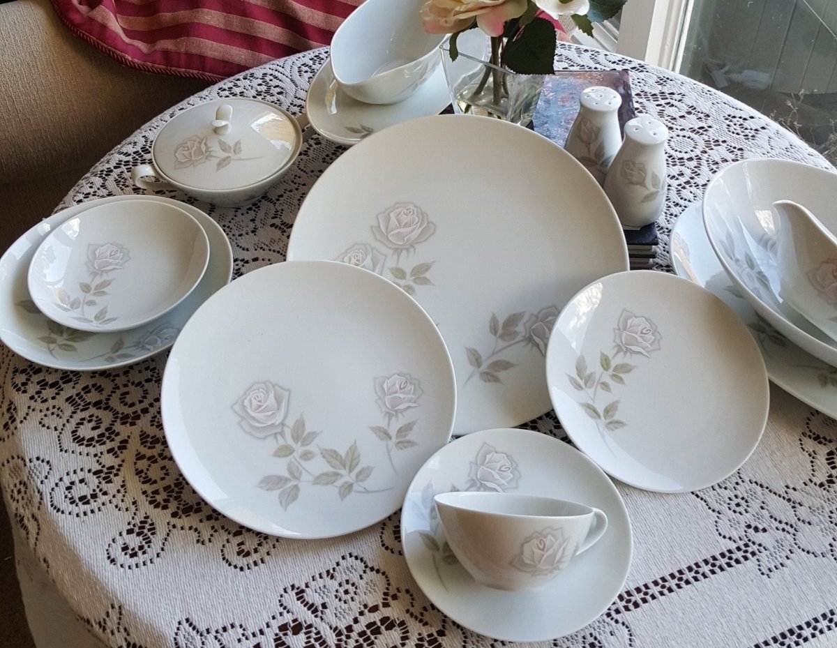 Noritake Service for 10 Noritake Edenrose 78 piece with Hostess Serving Dishes | Estate China Set Dinnerware Set Gray/Pink/White Roses Wedding Gift - China Set ClassyTea