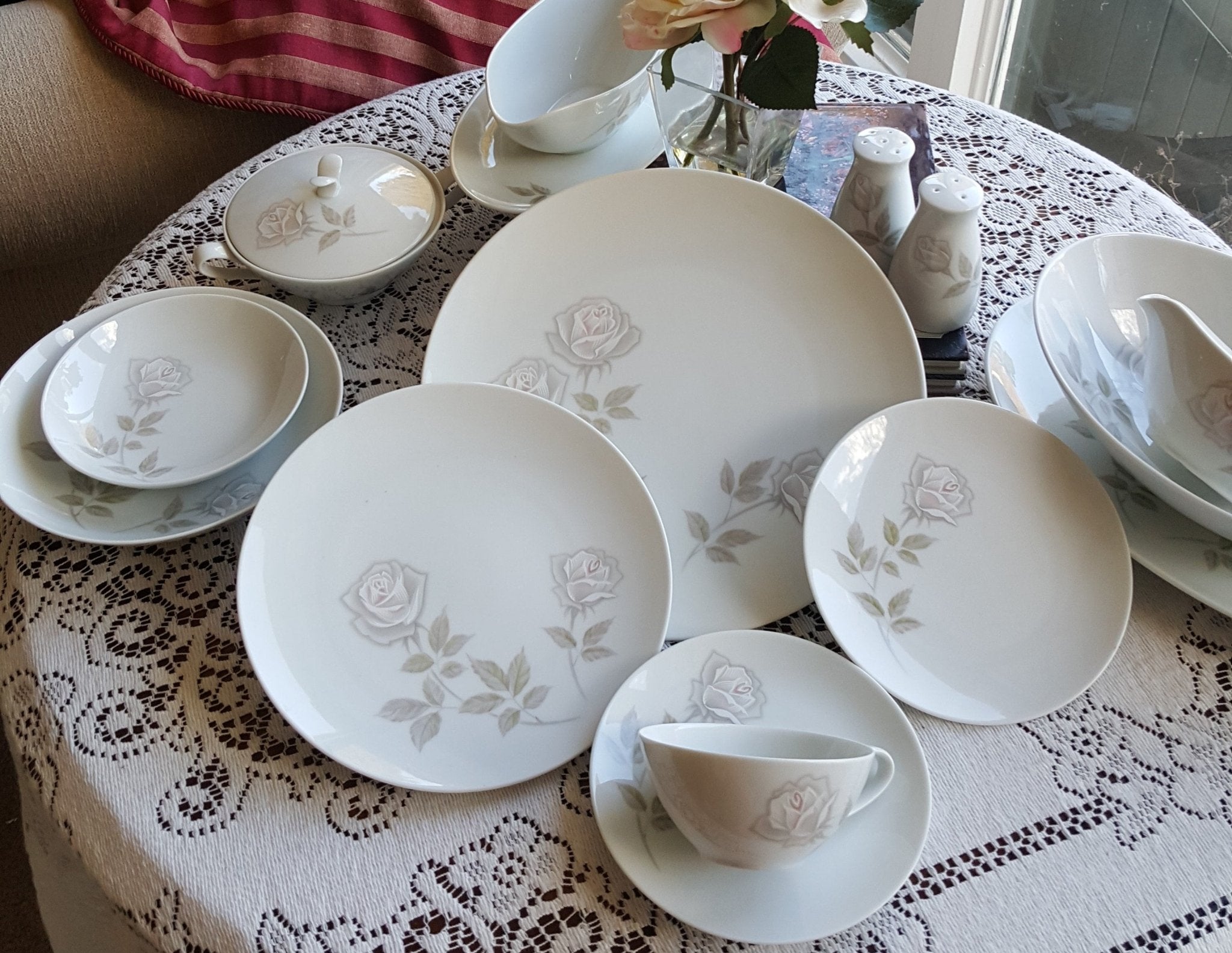 Noritake Service for 10 Noritake Edenrose 78 piece with Hostess Serving Dishes | Estate China Set Dinnerware Set Gray/Pink/White Roses Wedding Gift - China Set ClassyTea