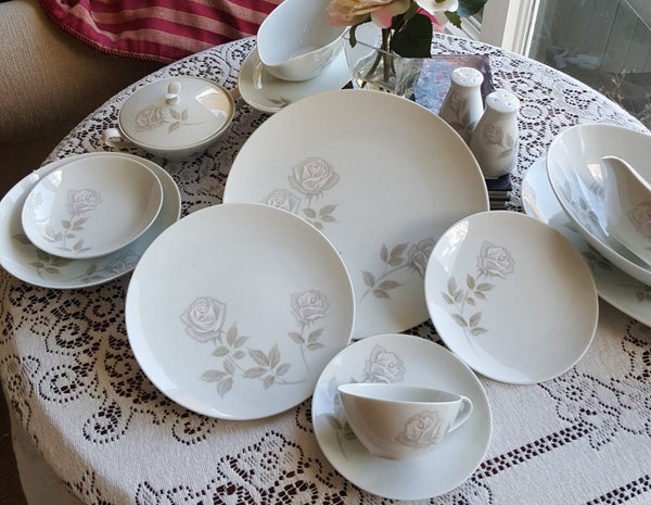 Noritake Service for 10 Noritake Edenrose 78 piece with Hostess Serving Dishes | Estate China Set Dinnerware Set Gray/Pink/White Roses Wedding Gift - China Set ClassyTea
