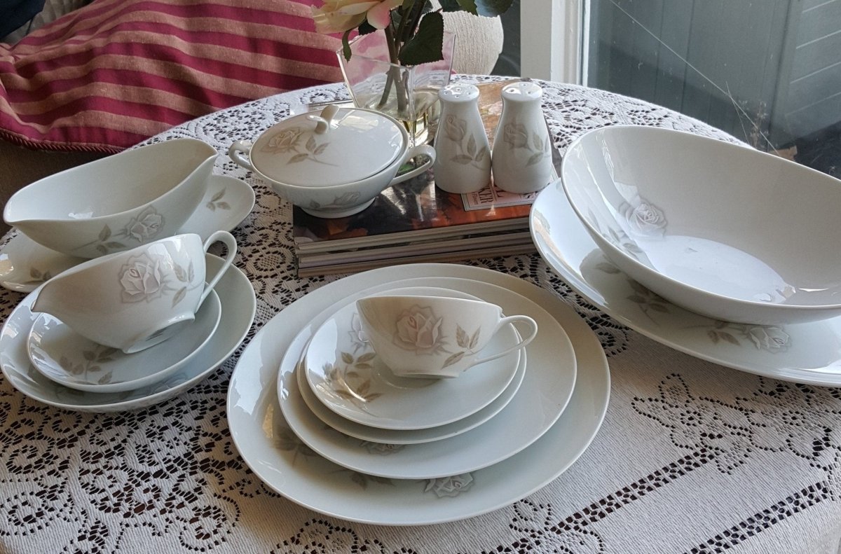 Noritake Service for 10 Noritake Edenrose 78 piece with Hostess Serving Dishes | Estate China Set Dinnerware Set Gray/Pink/White Roses Wedding Gift - China Set ClassyTea