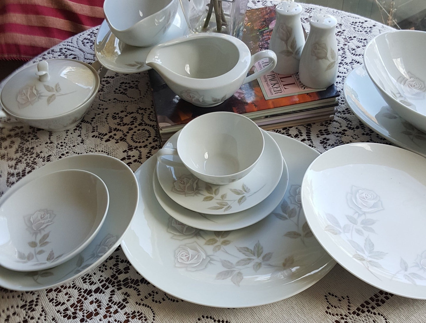 Noritake Service for 10 Noritake Edenrose 78 piece with Hostess Serving Dishes | Estate China Set Dinnerware Set Gray/Pink/White Roses Wedding Gift - China Set ClassyTea
