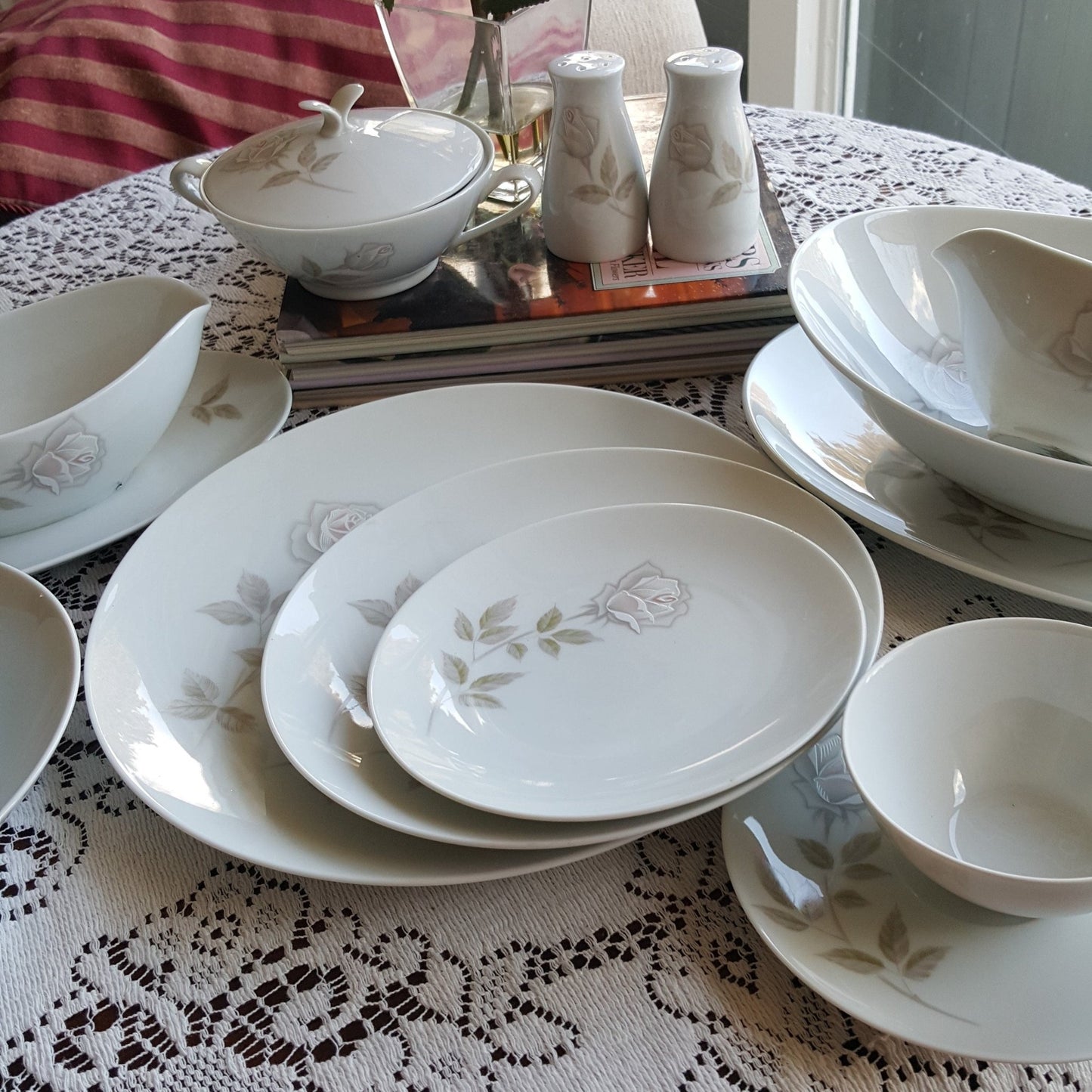 Noritake Service for 10 Noritake Edenrose 78 piece with Hostess Serving Dishes | Estate China Set Dinnerware Set Gray/Pink/White Roses Wedding Gift - China Set ClassyTea
