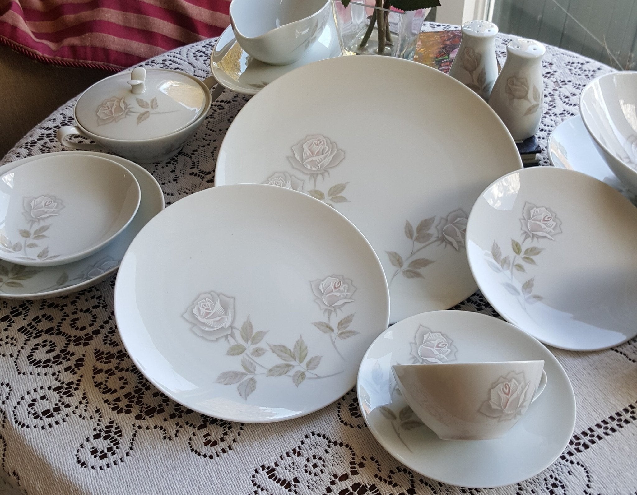 Noritake Service for 10 Noritake Edenrose 78 piece with Hostess Serving Dishes | Estate China Set Dinnerware Set Gray/Pink/White Roses Wedding Gift - China Set ClassyTea