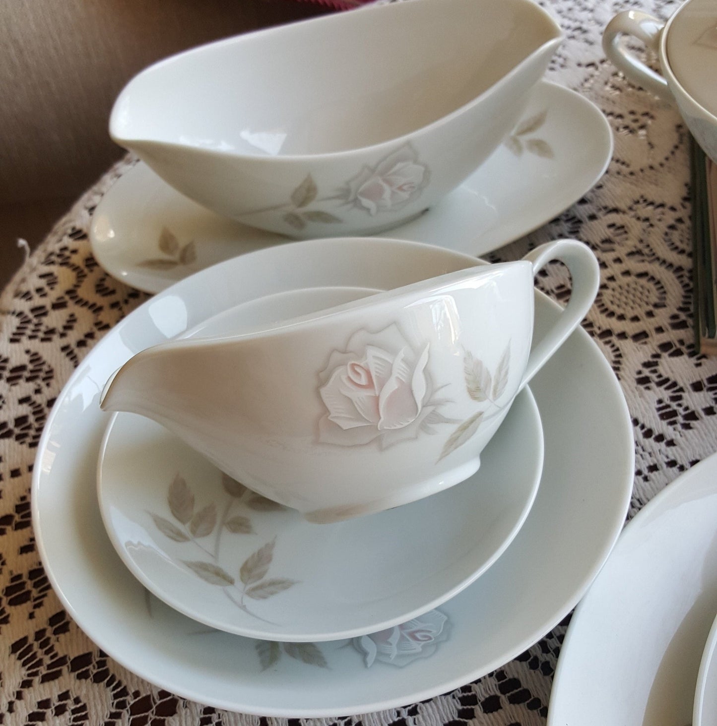 Noritake Service for 10 Noritake Edenrose 78 piece with Hostess Serving Dishes | Estate China Set Dinnerware Set Gray/Pink/White Roses Wedding Gift - China Set ClassyTea