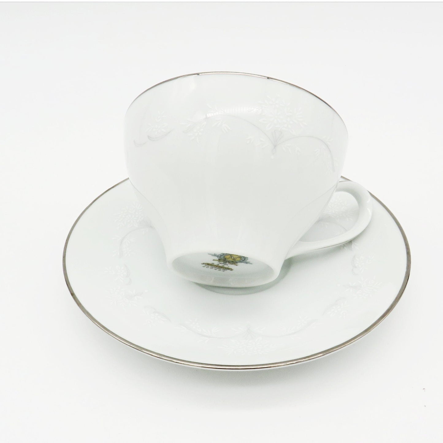 Noritake Service for 8 Noritake Whitebrook (48 Piece)Dinnerware Set Embossed White Flowers, Gray Scroll Platinum Trim Wedding Registry Gift China Set - China Set ClassyTea