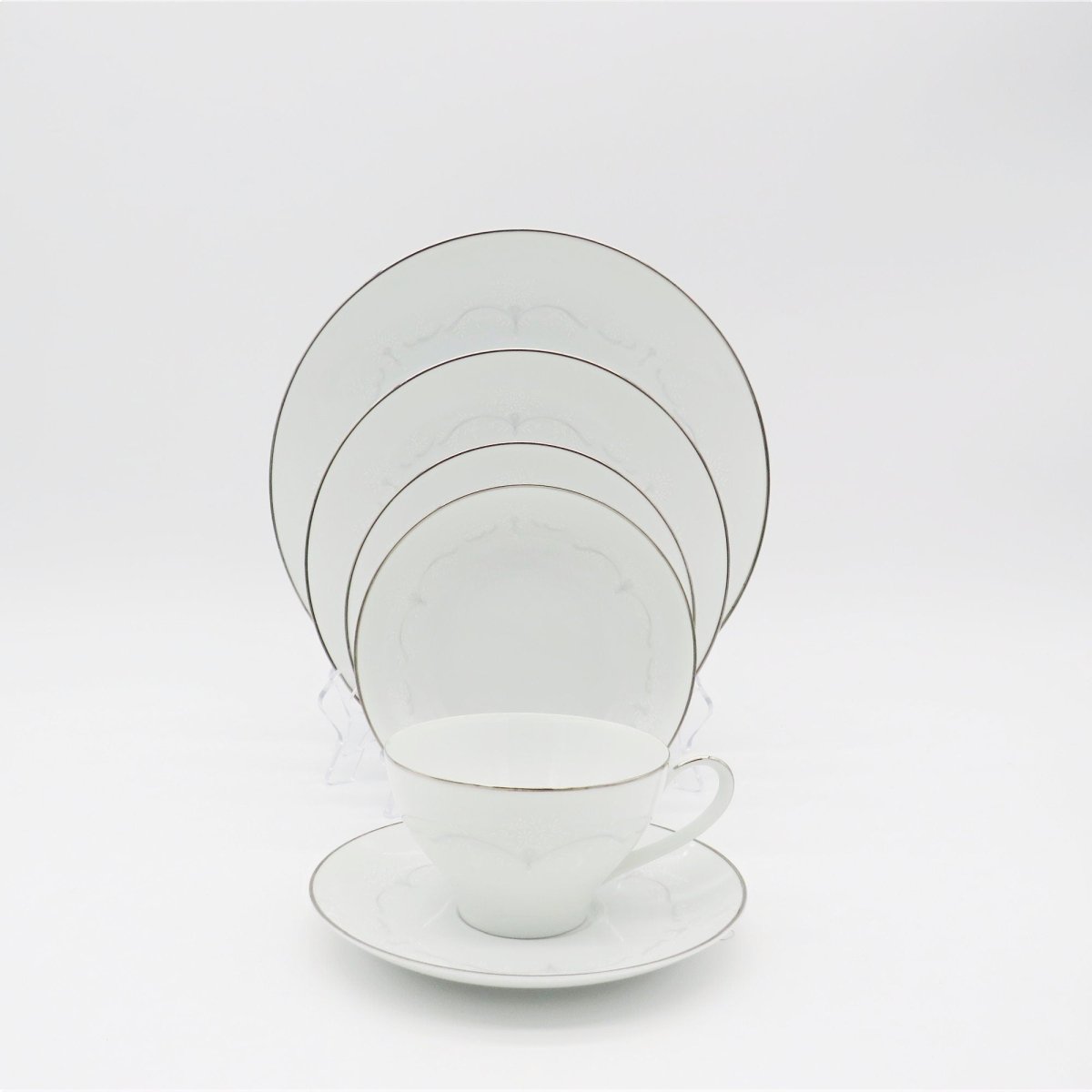 Noritake Service for 8 Noritake Whitebrook (48 Piece)Dinnerware Set Embossed White Flowers, Gray Scroll Platinum Trim Wedding Registry Gift China Set - China Set ClassyTea