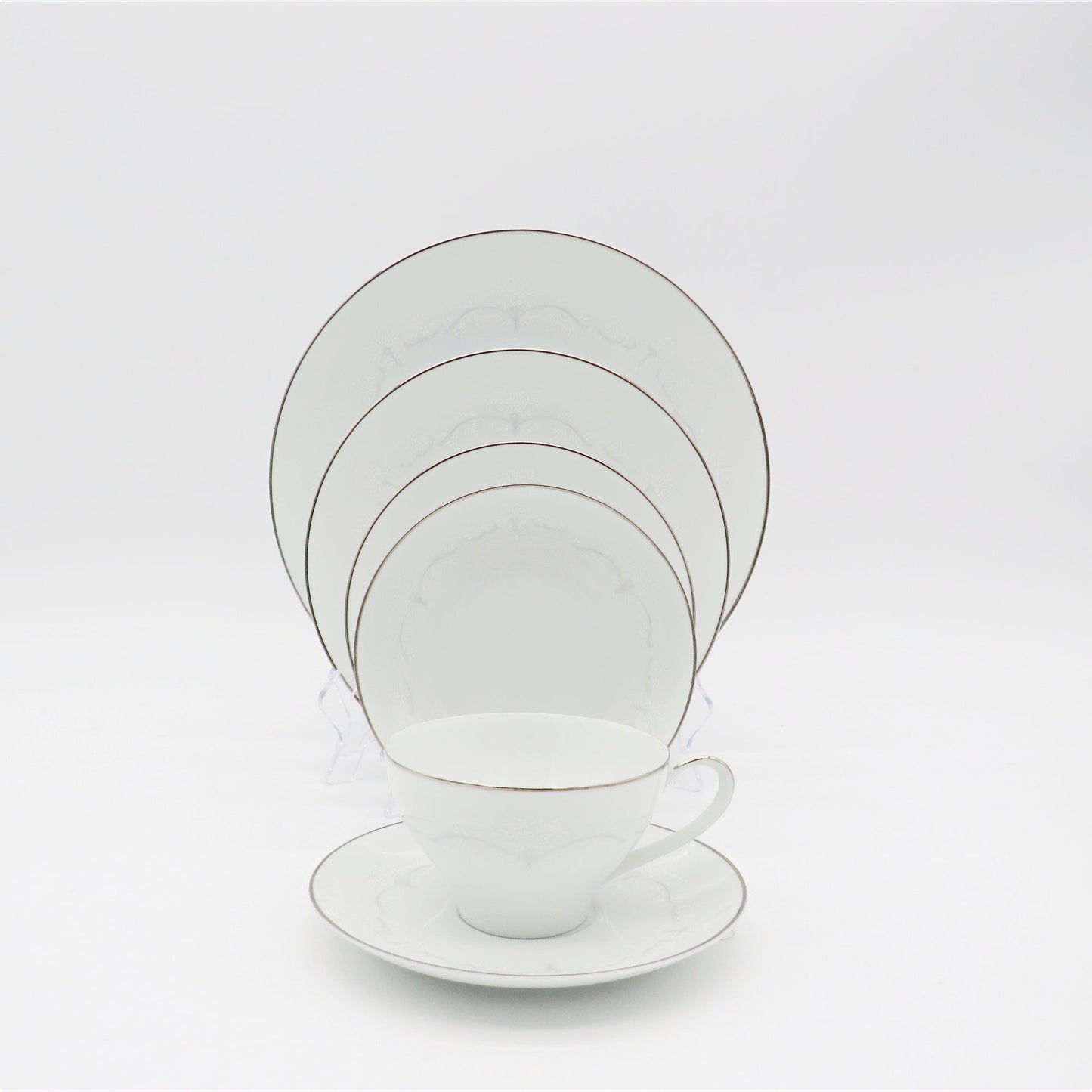 Noritake Service for 8 Noritake Whitebrook (48 Piece)Dinnerware Set Embossed White Flowers, Gray Scroll Platinum Trim Wedding Registry Gift China Set - China Set ClassyTea