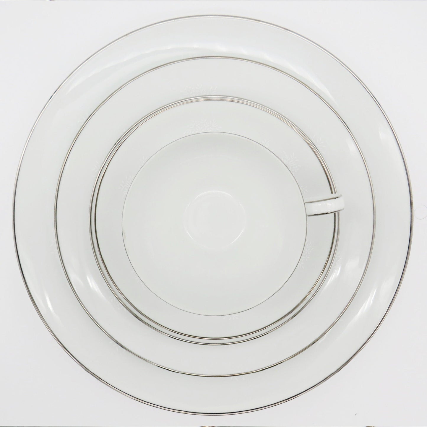 Noritake Service for 8 Noritake Whitebrook (48 Piece)Dinnerware Set Embossed White Flowers, Gray Scroll Platinum Trim Wedding Registry Gift China Set - China Set ClassyTea