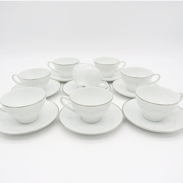 Noritake Service for 8 Noritake Whitebrook (48 Piece)Dinnerware Set Embossed White Flowers, Gray Scroll Platinum Trim Wedding Registry Gift China Set - China Set ClassyTea