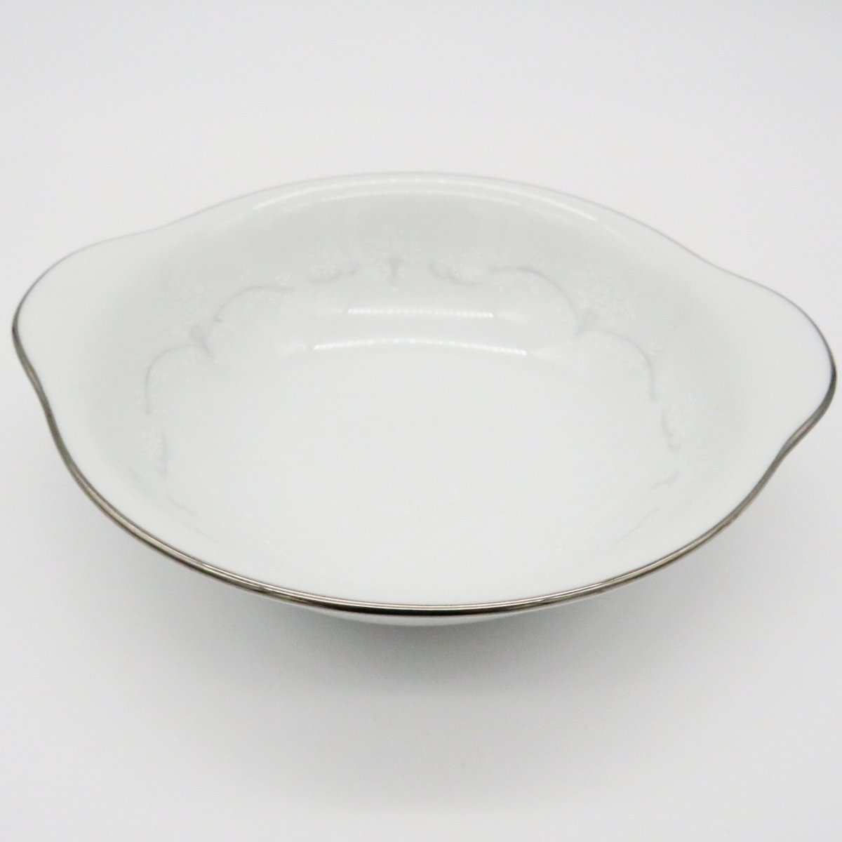 Noritake Service for 8 Noritake Whitebrook (48 Piece)Dinnerware Set Embossed White Flowers, Gray Scroll Platinum Trim Wedding Registry Gift China Set - China Set ClassyTea