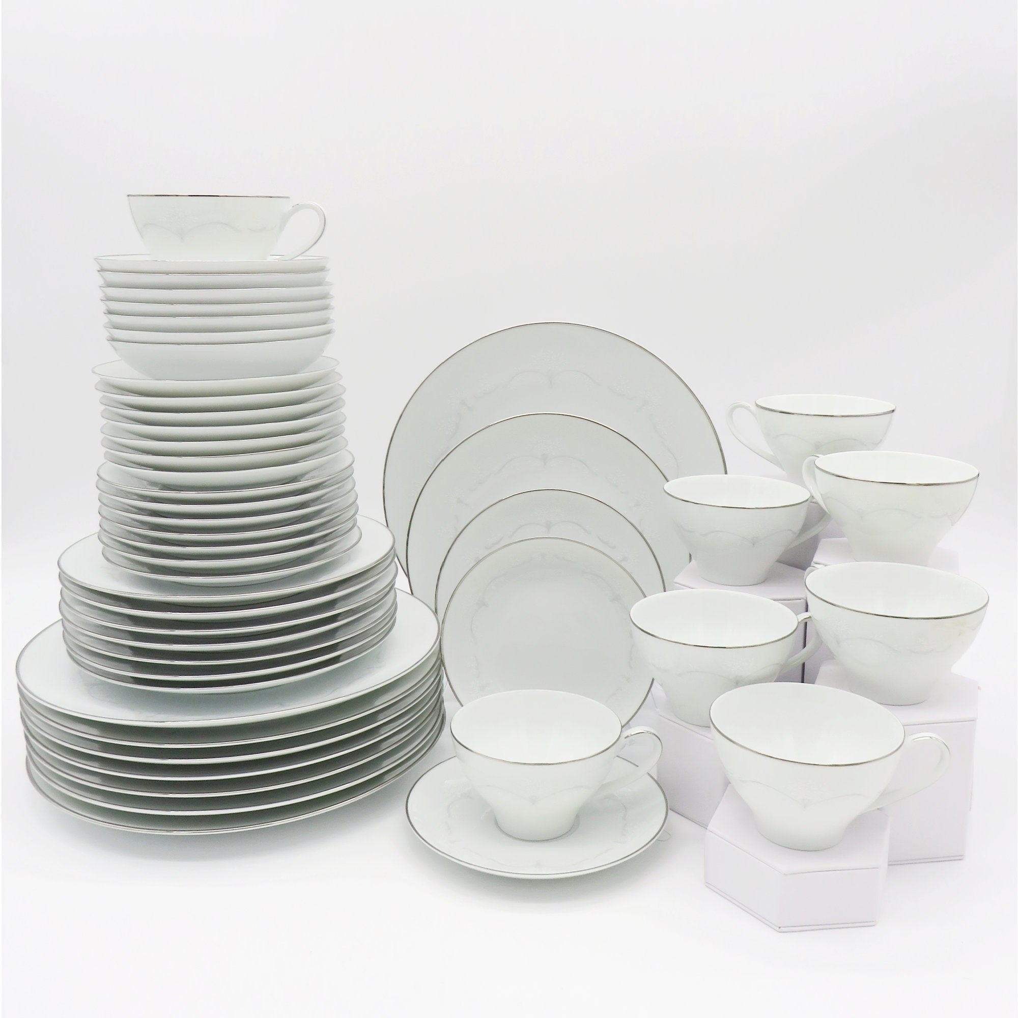 Noritake Service for 8 Noritake Whitebrook (48 Piece)Dinnerware Set Embossed White Flowers, Gray Scroll Platinum Trim Wedding Registry Gift China Set - China Set ClassyTea