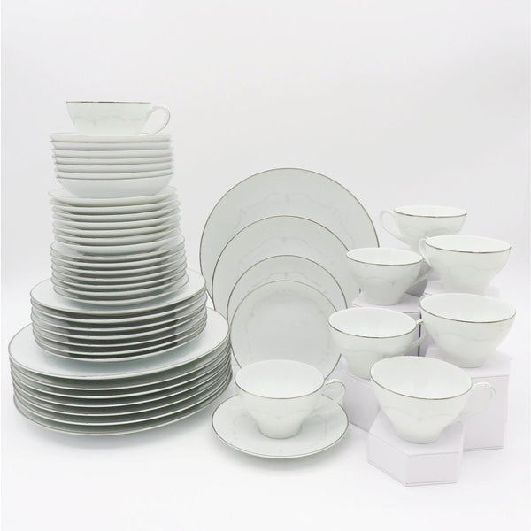 Noritake Service for 8 Noritake Whitebrook (48 Piece)Dinnerware Set Embossed White Flowers, Gray Scroll Platinum Trim Wedding Registry Gift China Set - China Set ClassyTea