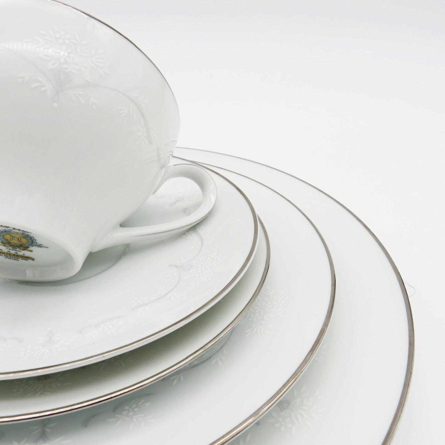 Noritake Service for 8 Noritake Whitebrook (48 Piece)Dinnerware Set Embossed White Flowers, Gray Scroll Platinum Trim Wedding Registry Gift China Set - China Set ClassyTea