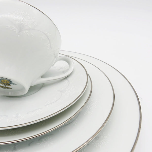 Noritake Service for 8 Noritake Whitebrook (48 Piece)Dinnerware Set Embossed White Flowers, Gray Scroll Platinum Trim Wedding Registry Gift China Set - China Set ClassyTea