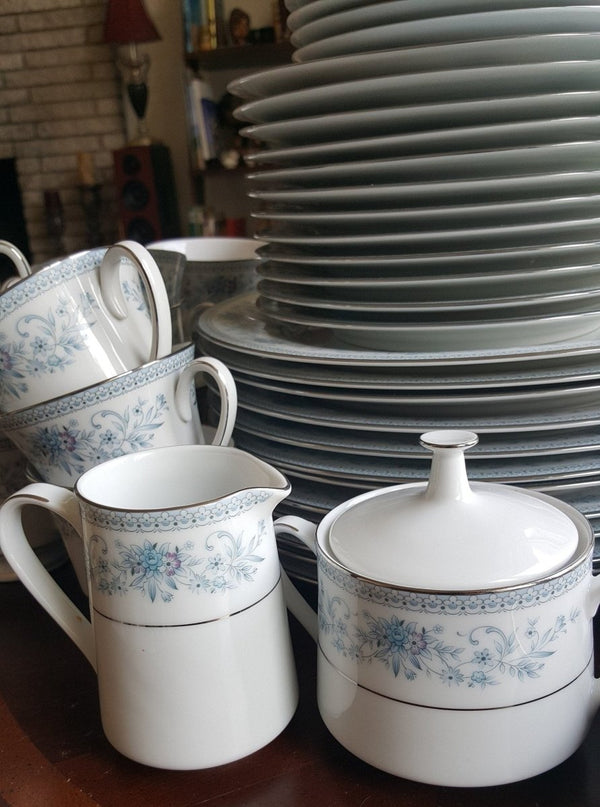 Noritake Serving for 12 Noritake Blue Hill 65 Piece Dinnerware Complete Set Blue Floral hint of Pink and Platinum Trim Wedding Luxury Estate China - China Set ClassyTea