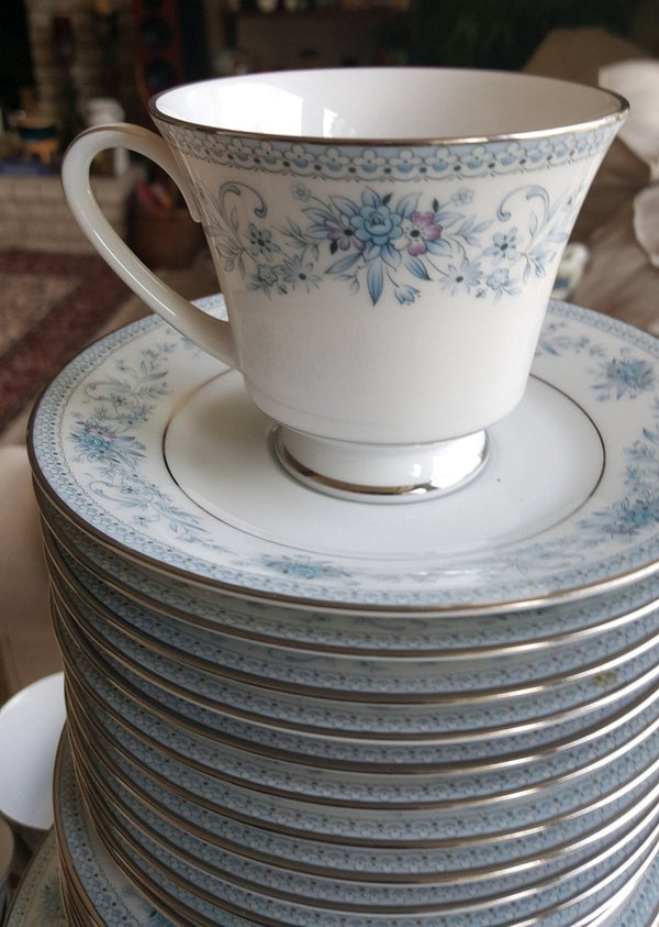 Noritake Serving for 12 Noritake Blue Hill 65 Piece Dinnerware Complete Set Blue Floral hint of Pink and Platinum Trim Wedding Luxury Estate China - China Set ClassyTea
