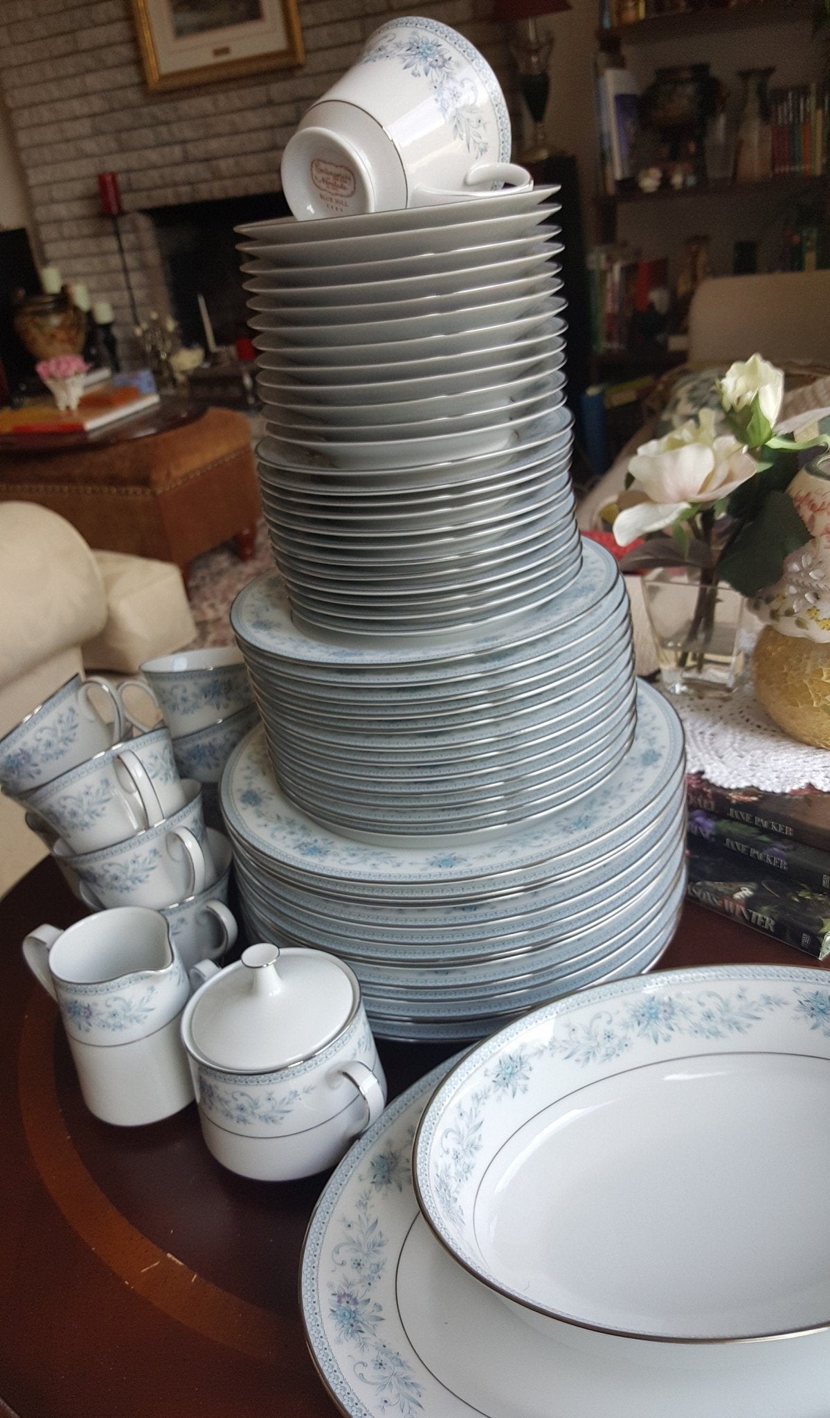 Noritake Serving for 12 Noritake Blue Hill 65 Piece Dinnerware Complete Set Blue Floral hint of Pink and Platinum Trim Wedding Luxury Estate China - China Set ClassyTea