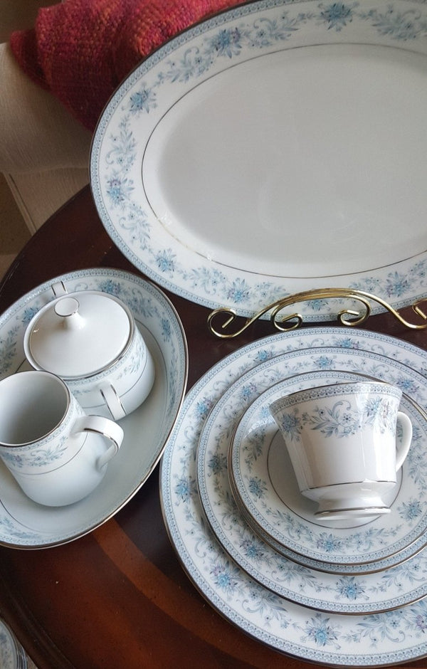 Noritake Serving for 12 Noritake Blue Hill 65 Piece Dinnerware Complete Set Blue Floral hint of Pink and Platinum Trim Wedding Luxury Estate China - China Set ClassyTea